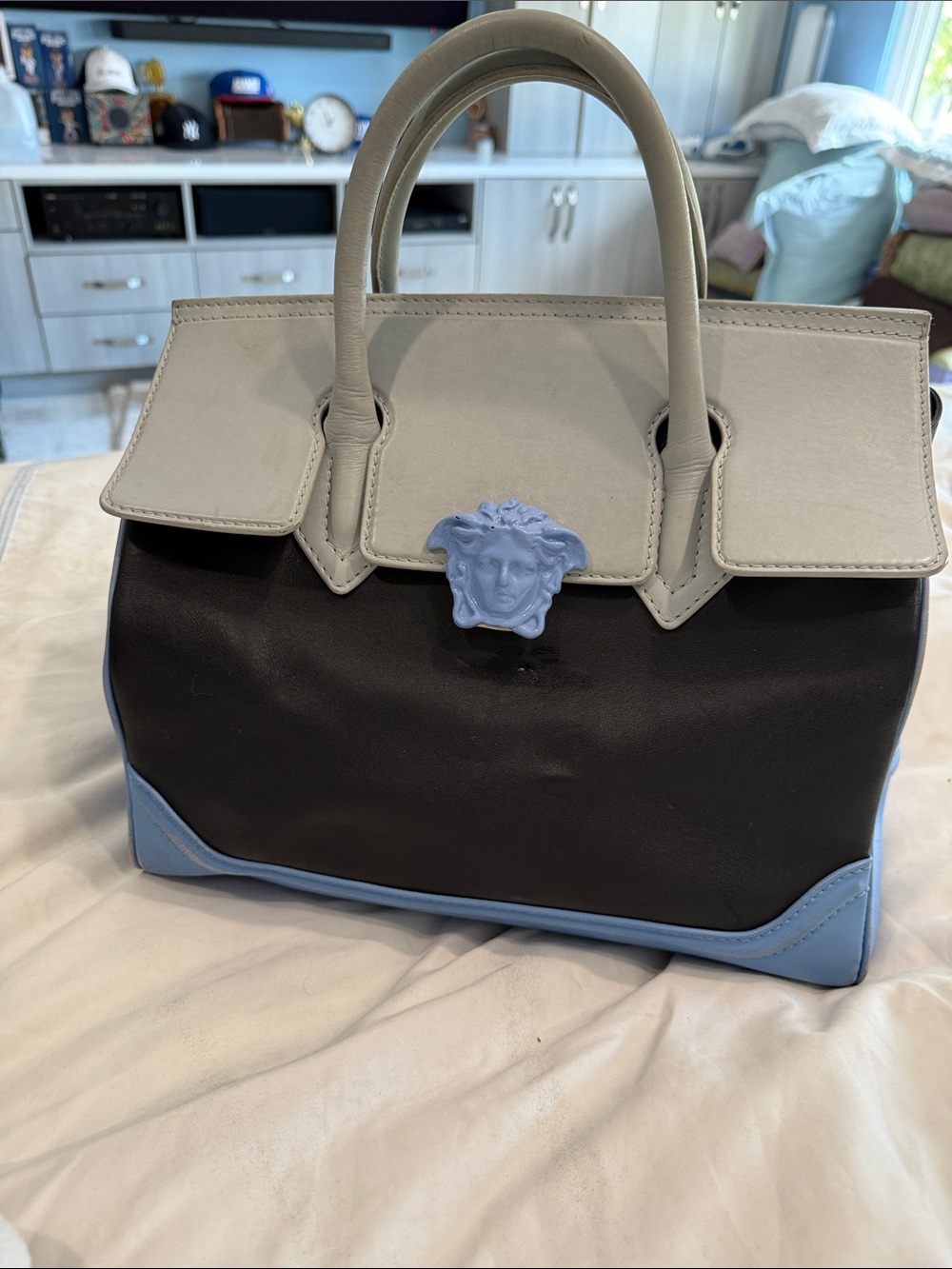 Versace Tricolor Leather Top-Handle Tote in Black, Light Gray and Pale Blue